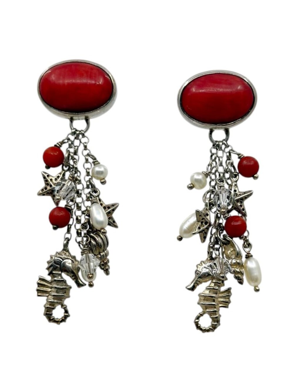 Hand Made sterling silver coral pearl & crystal sea life drop earrings - GM9